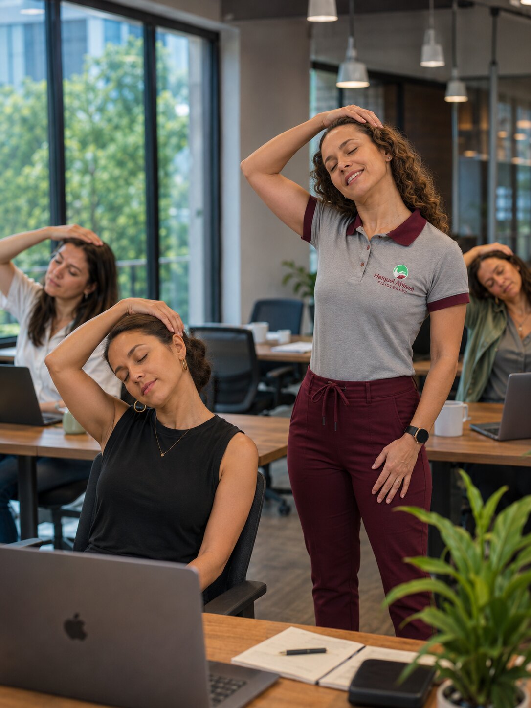 Fisioterapeuta conduz atividade de ginástica laboral em uma empresa
