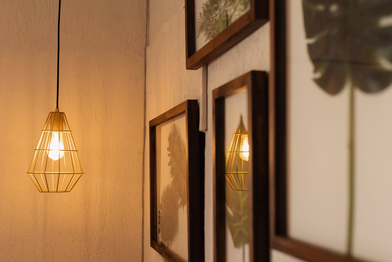 Luminária acesa refletida junto aos quadros botânicos da clínica